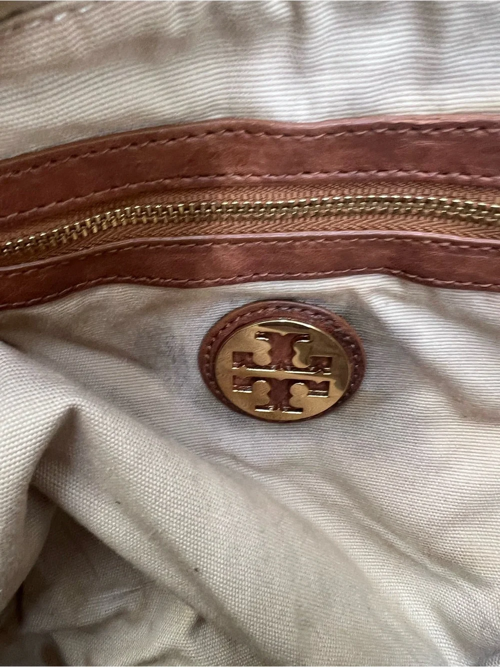 Tory Burch Ella Tote Canvas Bag Yellow Stripe and Brown Leather Trim Logo